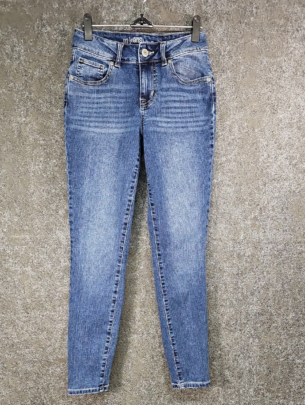 m jeans by Maurices Mid Rise Whiskered 5 Pocket Skinny Jeans, Size Zero